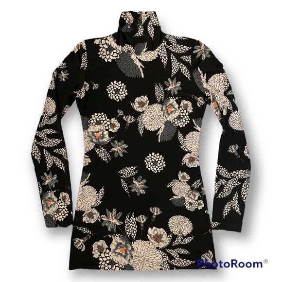 FREDA'S 🇨🇦 CANADIAN MADE Flower Print Black Stretch Mock Neck L/S Top Blouse - Picture 5 of 8